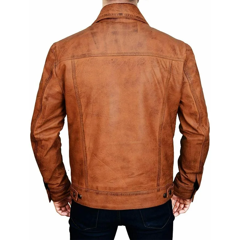 Men\'s Brown Trucker Vintage Jacket Classic Style Real Lambskin Leather Jacket Fashion Trends