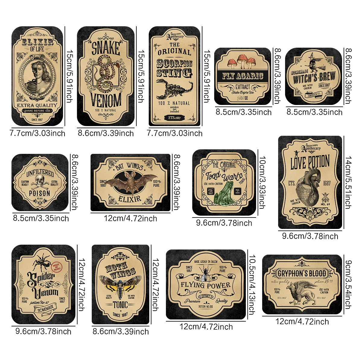 13pc/pack Halloween Apothecary Potion Labels for Bottle Jar,Vintage Apothecary Wine Bottle Stickers Halloween Party Decorations