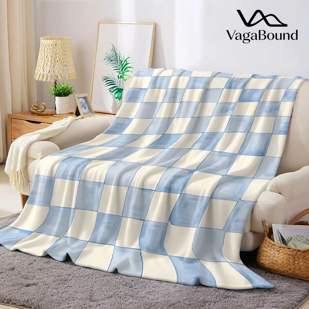 Water Blue Check Tile Flannel Blanket Warm Soft Halloween Christmas Decorative Couch Warm Cozy All-Season Gift