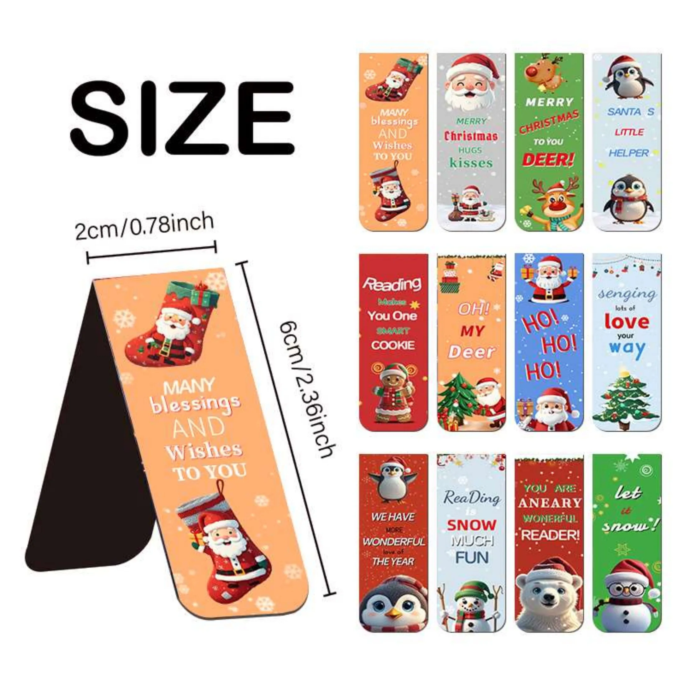 12pcs Colorful Christmas Character Magnetic Bookmarks, Santa Claus Style, Festive Holiday Gift Tags for Students, Teachers, and