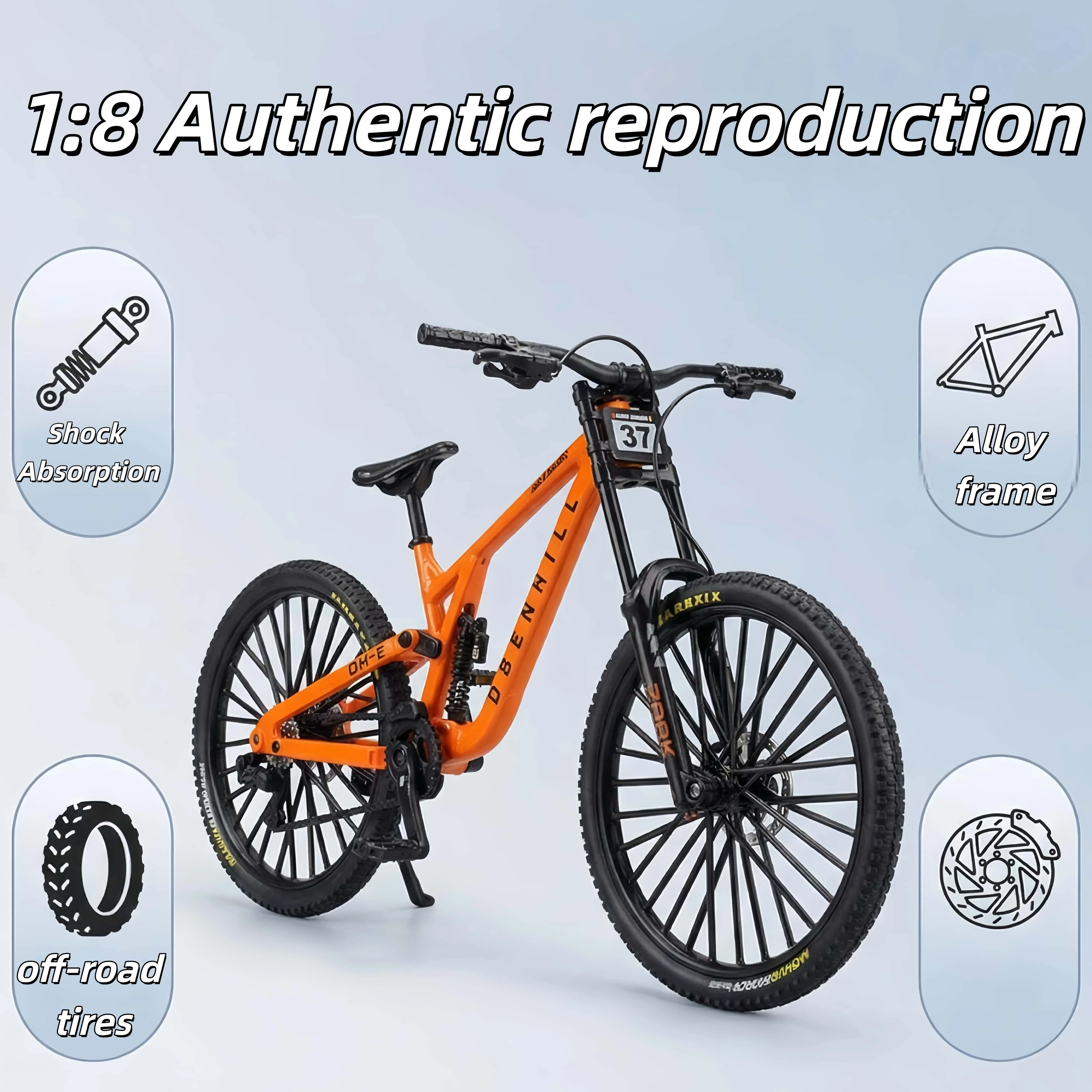 1:8 Scale Alloy Mountain Bike Model, Dual Shock Absorbers & Removable Number–Ideal Desktop Decoration&Gift for Bike Enthusiasts.