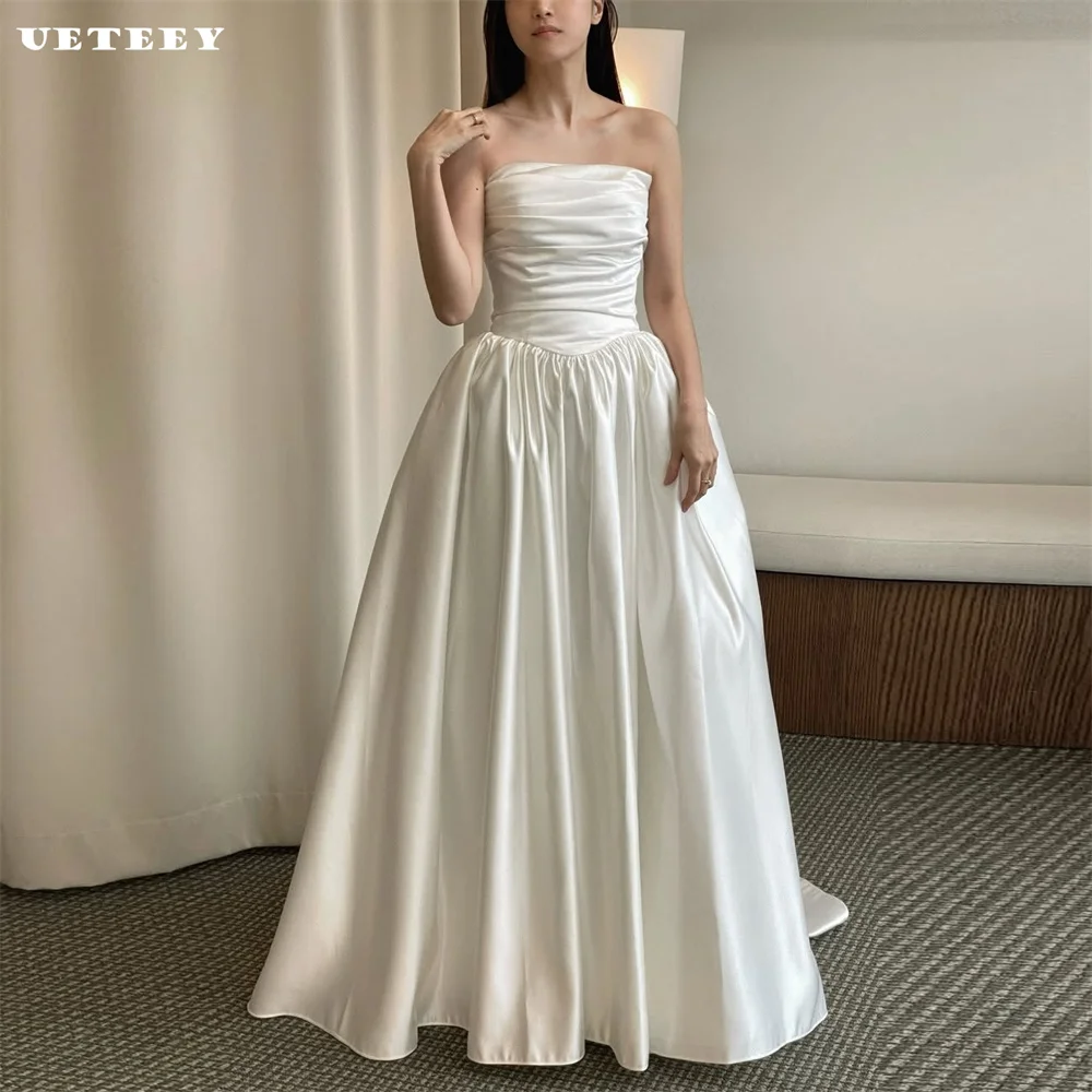 

UETEEY Customized Korea Sleeveless Simple Strapless Satin Pleat A Line Wedding Dress Women Lace Up Back Floor Length Bridal Gown