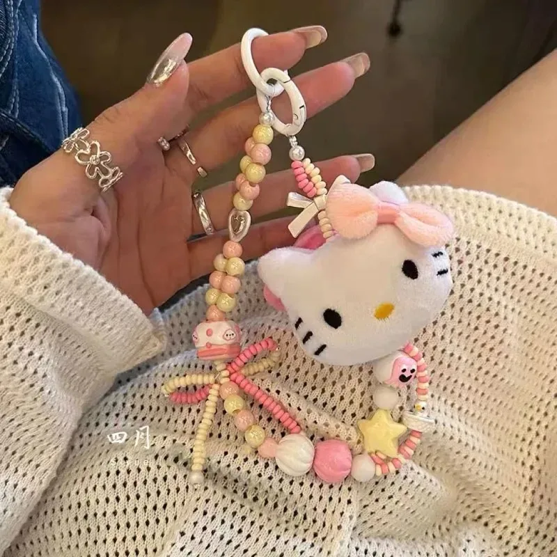 Sanrio Cute Keychain Anime Figure Hello Kitty Music Chain Creative Beaded Lane Phone Chain Backpack Lanyard Kawaii Girl Gift
