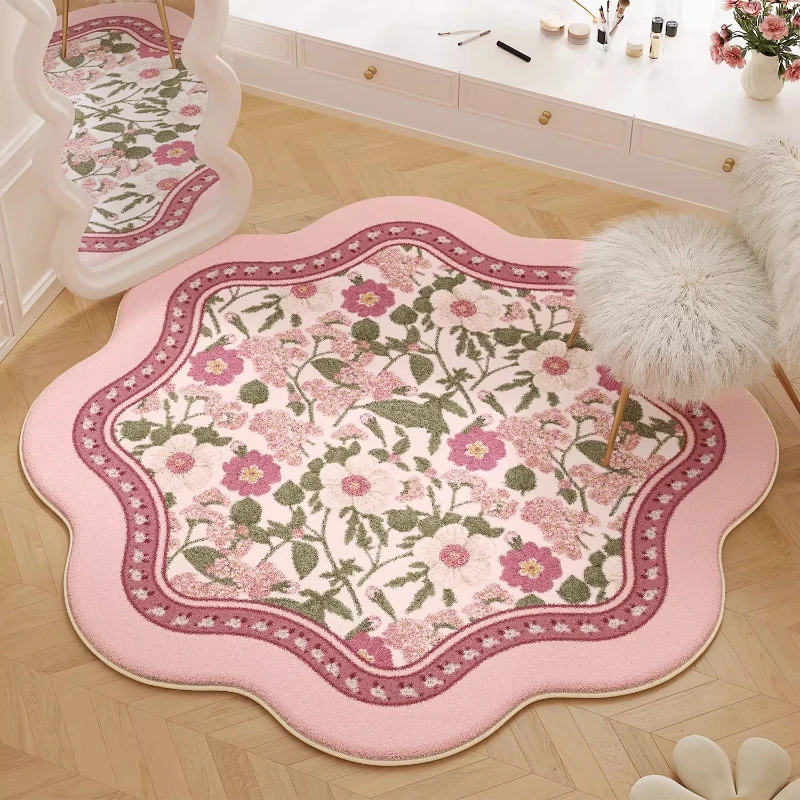 Round Carpet Bedroom Bedside Floor Mat Pink Floral Minimalist Luxury Rug Soft Fluffy Irregular Rugs Home Decoration Alfombra
