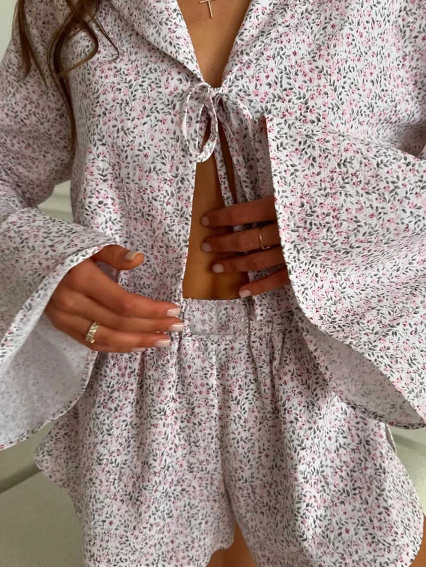 Marthaqiqi Printing Women Sleepwear Set Long Sleeve Pajama Turn-Down Collar Nightie Lace Up Nightwear Shorts Casual Home Clothes