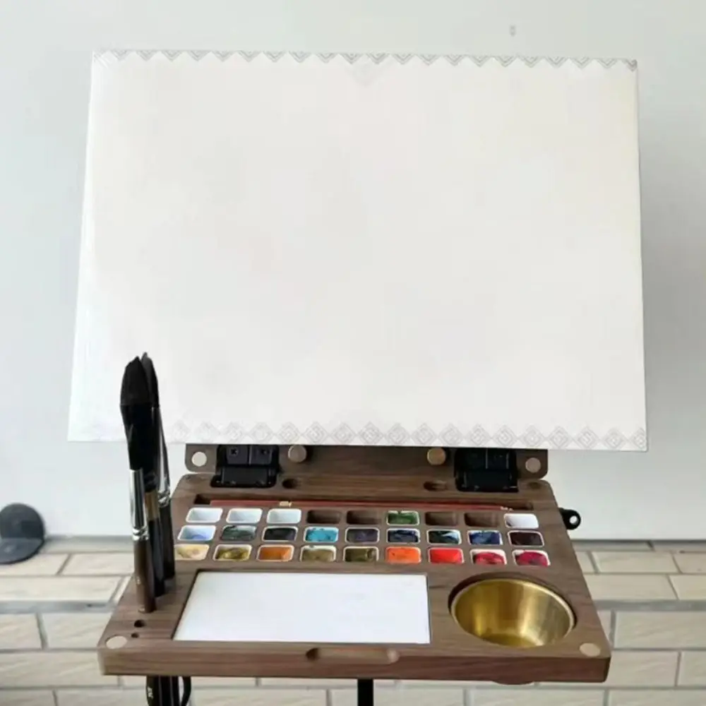 27 Grid Wooden Watercolor Box Empty Multifunctional Paint Pigment Box with Cup/Clip Portable Folding Watercolor Paint Palette