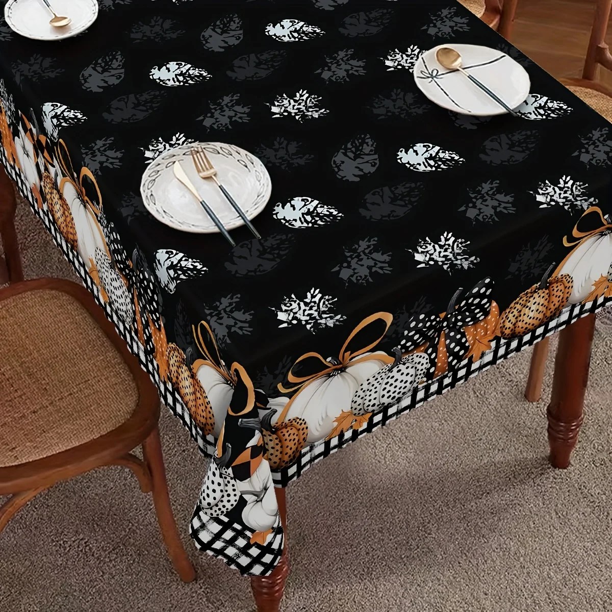 1 piece, black and white checkered polka dot pumpkin tablecloth, with a rural & farmhouse themezyc