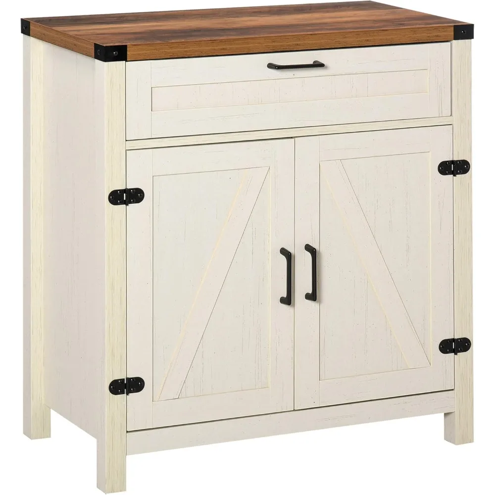 Sideboard with Storage Drawer, Modern Farmhouse Kitchen Cabinet with 2 Barn Doors, Coffee Bar Cabinet, Distressed White