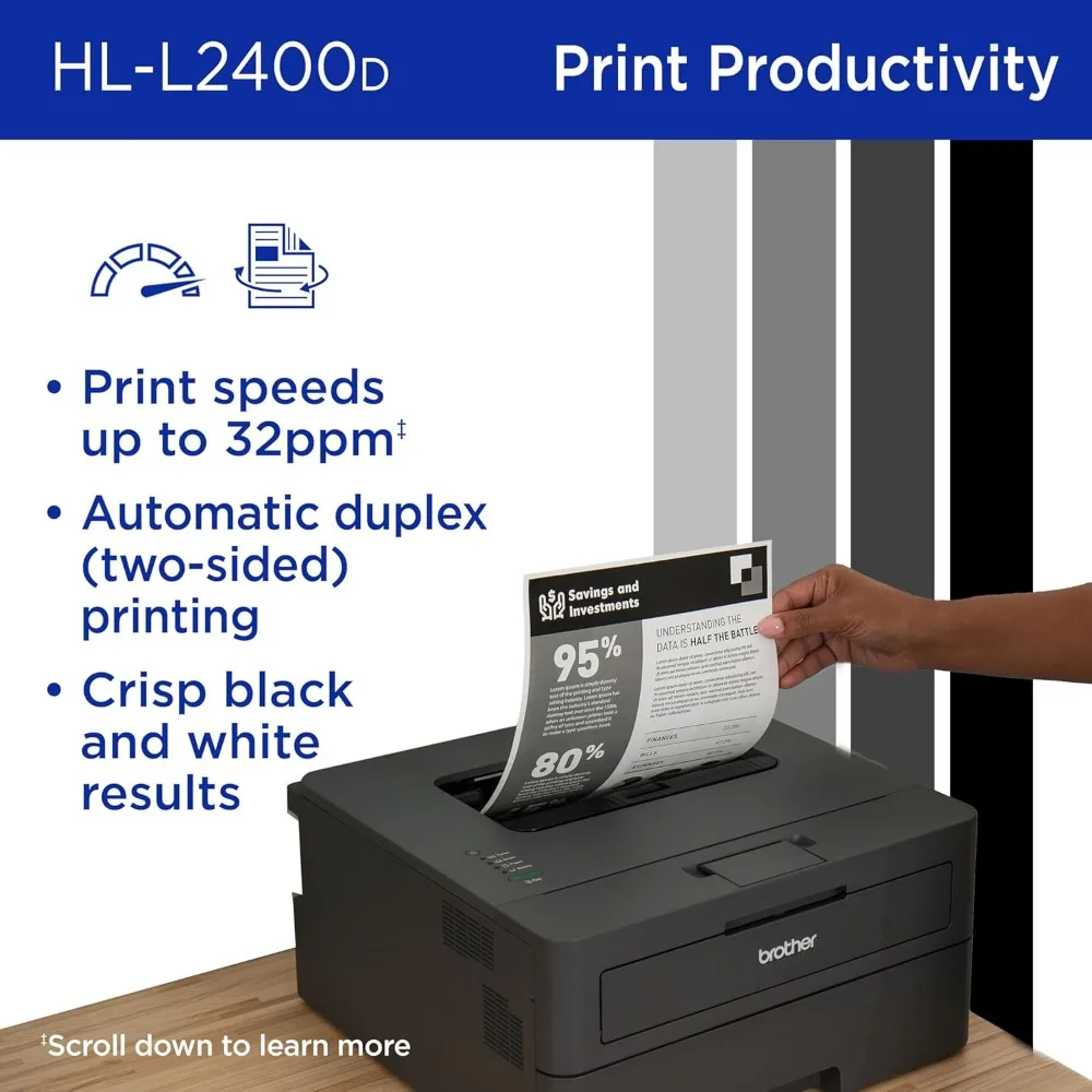 HL-L2400D Compact Monochrome Laser Printer with Duplex Printing, USB Connection, Black & White Output