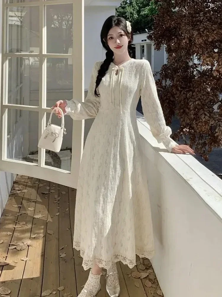 중국 스타일 롱 드레스 가을 겨울 솔리드 화이트 우아한 여성 드레스 패션 빈티지 스위트 베스티도스 무헤르