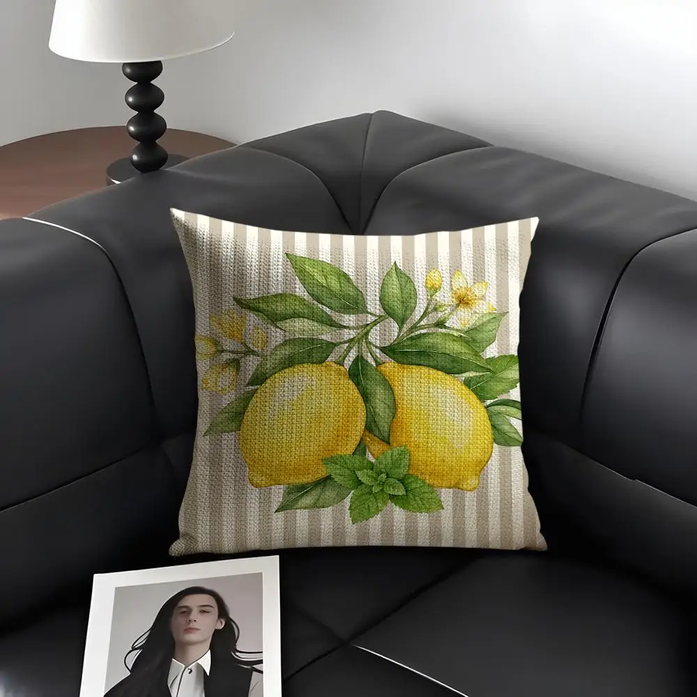 Summer Lemon Print Cushion Cover Natural Linen Organic Fabric Double-Sided Printing Breathable Perfect Gift For Decor