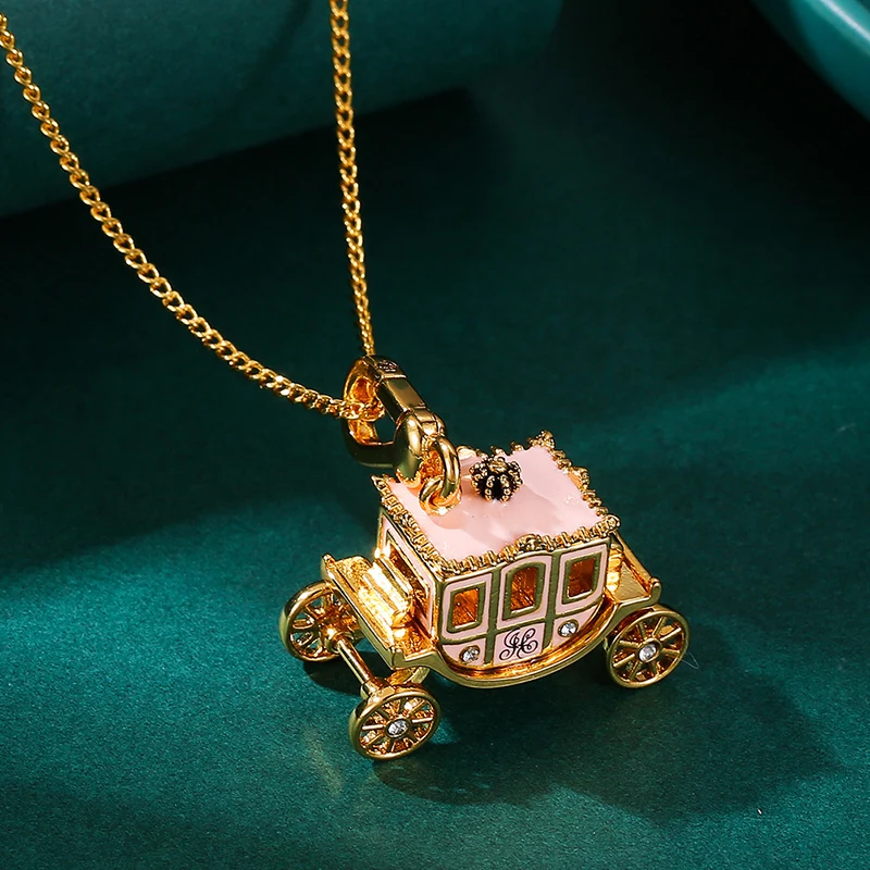 

1Pc Fashion Sweet Enamel Mobile Pink Crown Pumpkin Car Pendant Necklace for Women Luxury Elegant Party Jewelry Girlfriend Gift