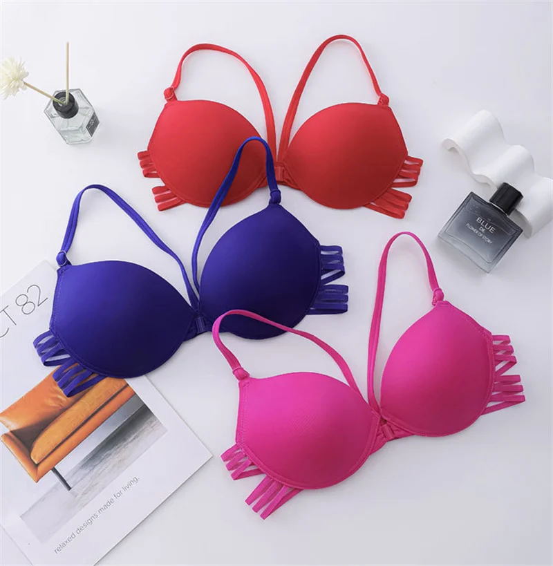 Sexy Push Up Bra for Women Solid Color Cross Beautiful Back Gather Underwear Front Buckle Bralette Top Female Intimates Lingerie