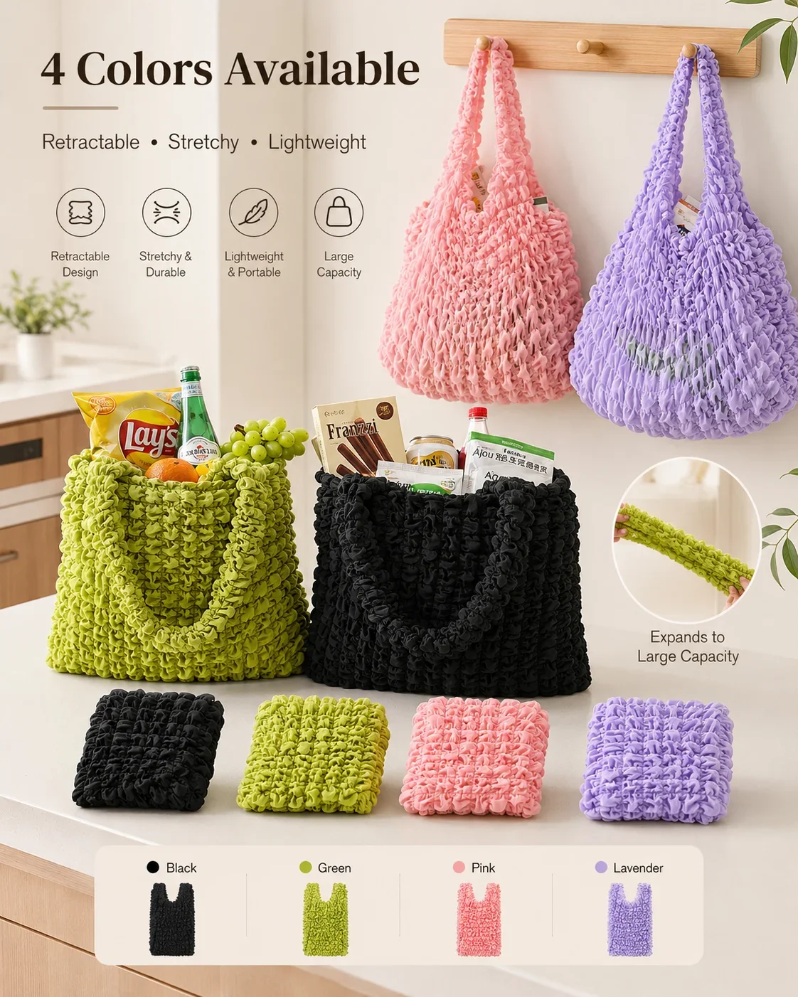 Large Capacity Creative Bubble Stretch Bag Flower Pleated Flexible Handheld Shopping Multi Purpose Foldable Storage Bag