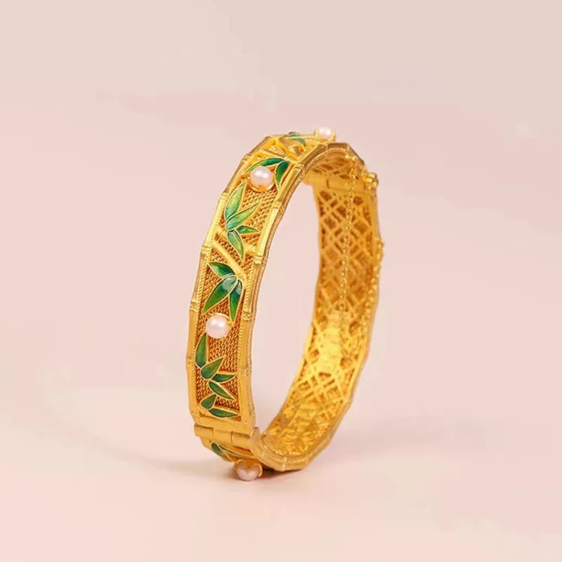 9999 real gold 24K yellow gold Enamel Bamboo Leaf Bracelet National Tide Ancient Method Opening Bracelet