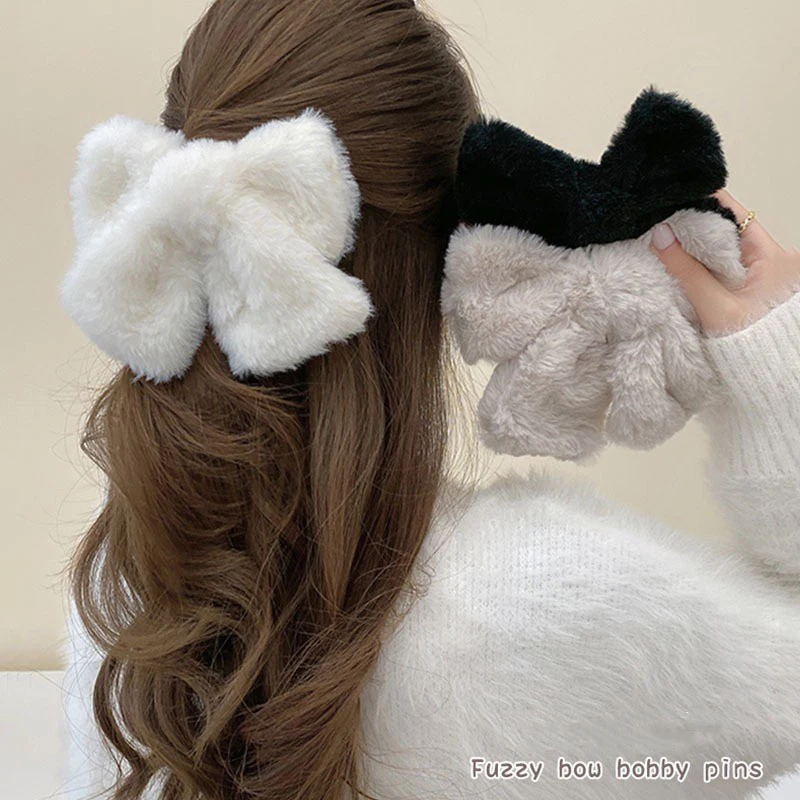 Autumn Winter Cute Plush Bowknot Hairpin Furry Bow Hair Clips Large Barrette For Women Girls Hair Accessories