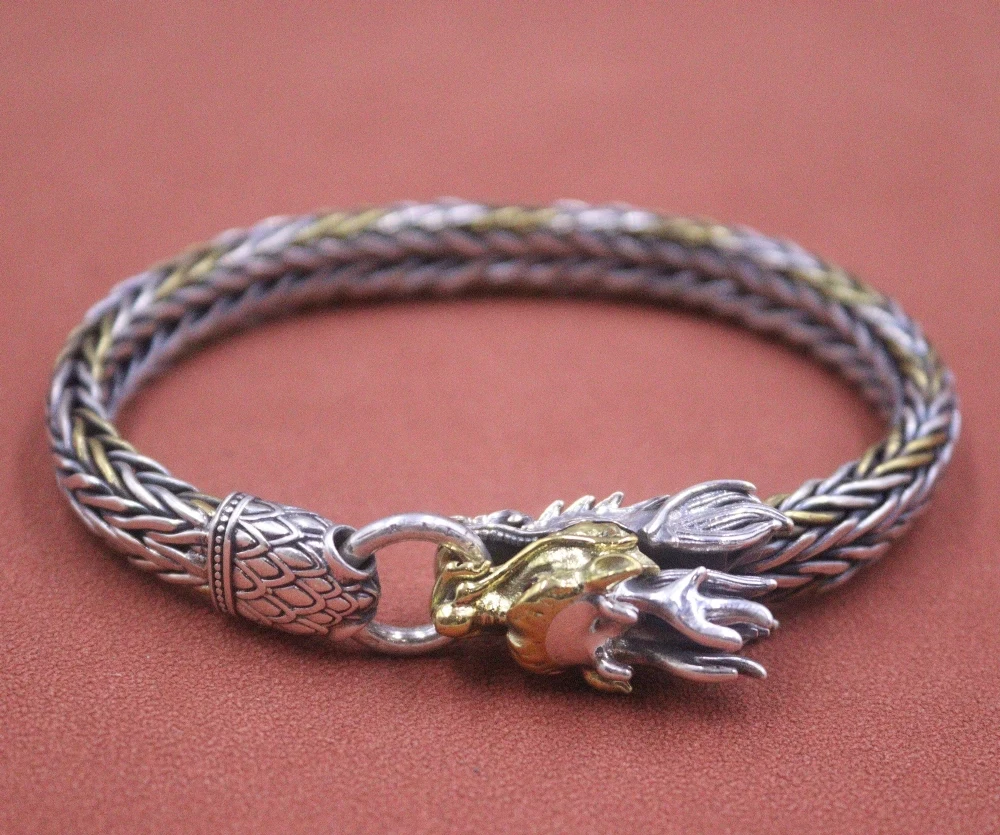 

Real Solid 925 Sterling Silver Chain Lucky Men Women Dragon Head Wheat Foxtail Braided Bracelet