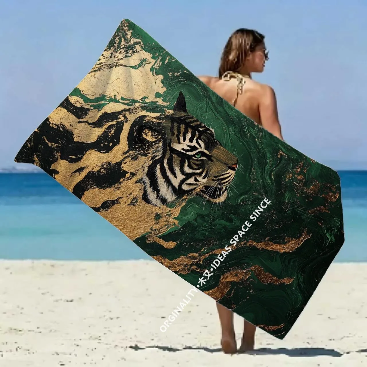 Luxury Green Gold Tiger Beach Towel Patterned Sunscreen And Windproof Suitable For Swimming Pool Camping Travel