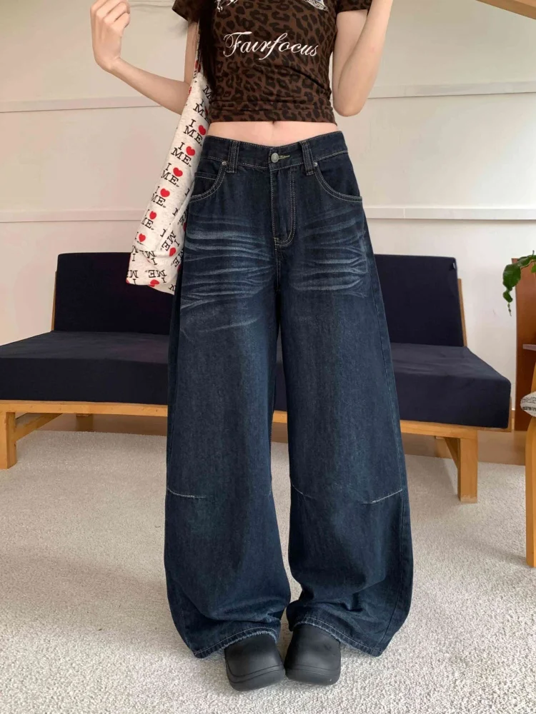 2026 American Retro Y2K Style Patchwork Dark Blue Baggy Women's Jeans Pants Woman Clothing Straight Luxury Loose Denim Trousers