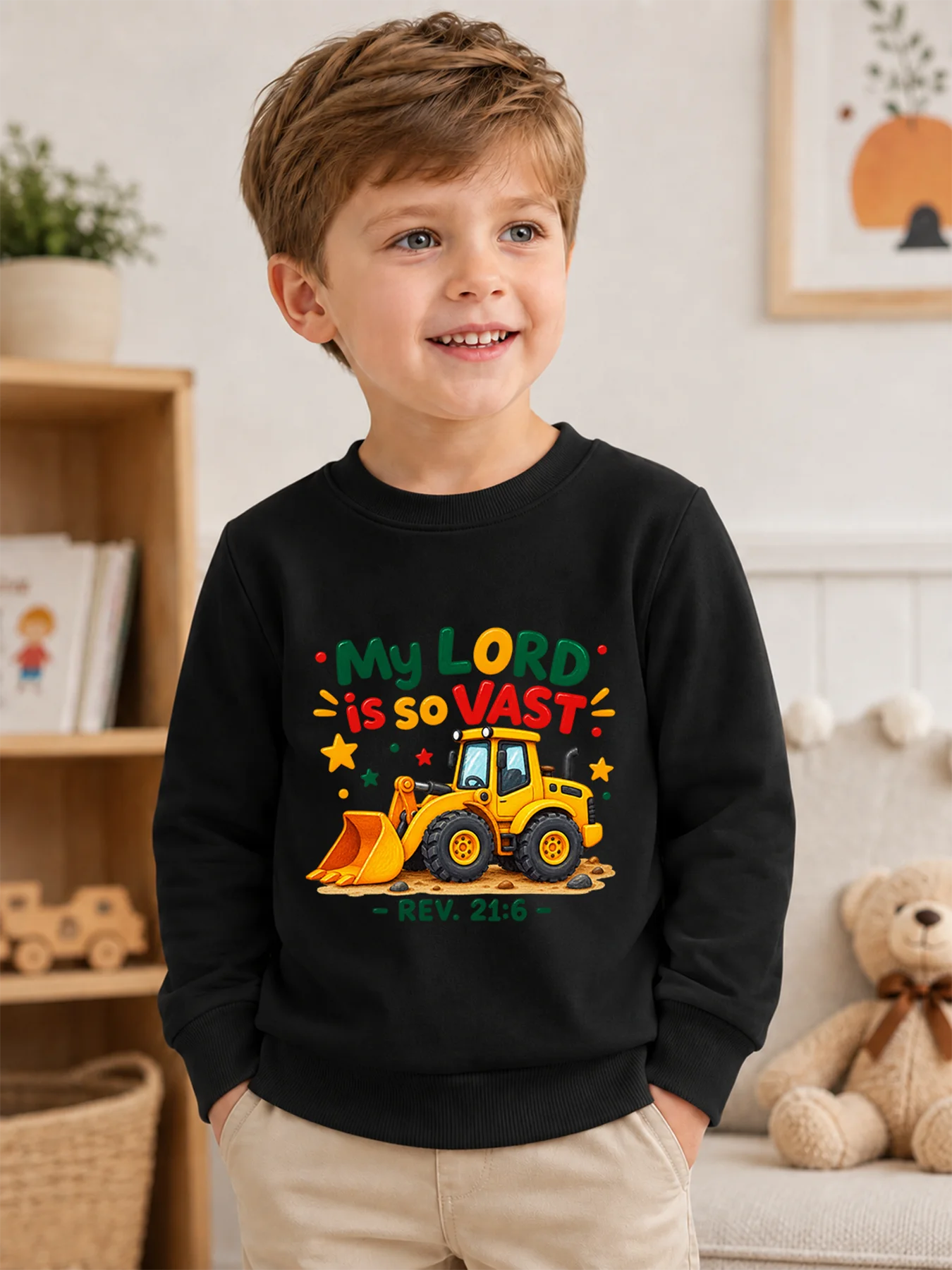 Boys Cartoon Loader Print Sweatshirt Kids 100% Cotton Crew Neck Pullover Autumn Long Sleeve Tops Cute Tractor Graphic Tops