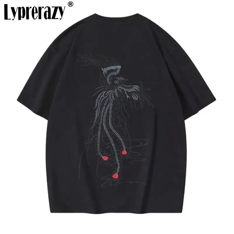 

Lyprerazy Chinese Style Phoenix Embroidery Short-sleeved T-shirt Summer National Tide Cotton Loose Men's Tee Shirt