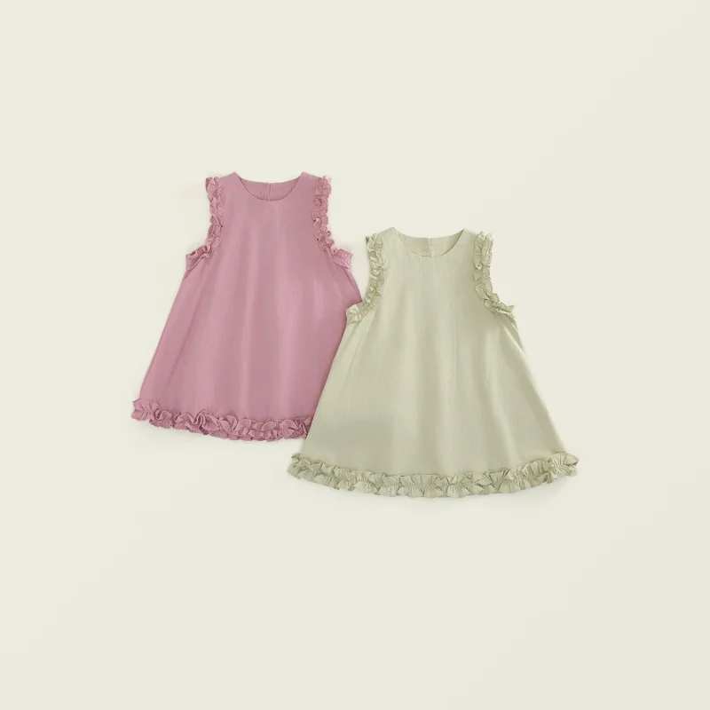 

Children's Dress New Summer Stylish Ruffled Trim Tank Dress for Girls Sweet Solid Color Dress