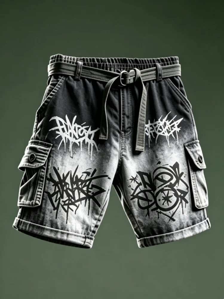 Mens Hip-hop Cargo Shorts Street Art Graffiti Print Vintage Washed Baggy Denim Shorts with Belt