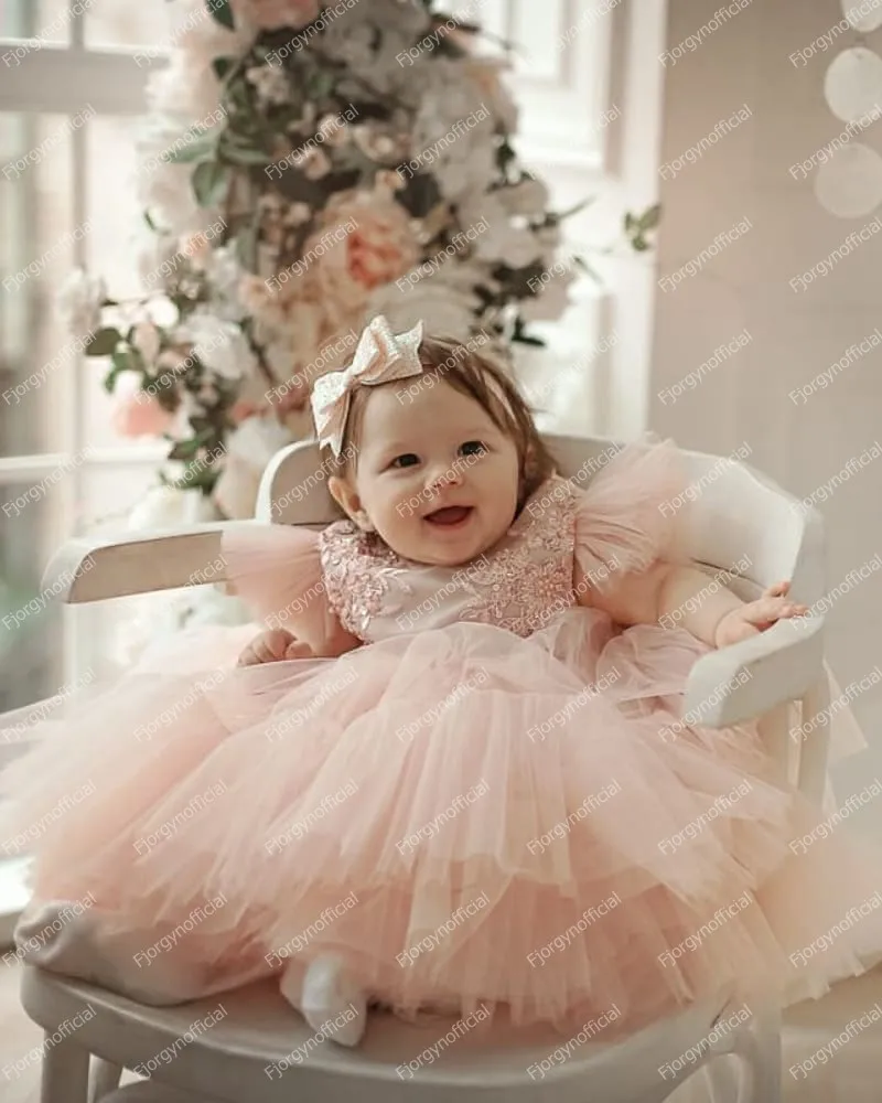 Pink Mother And Kid Tulle Matching Dresses Puffy Shoulder Long   Photo Shoot Family Look First Birthday Mom And Me Evening Gowns