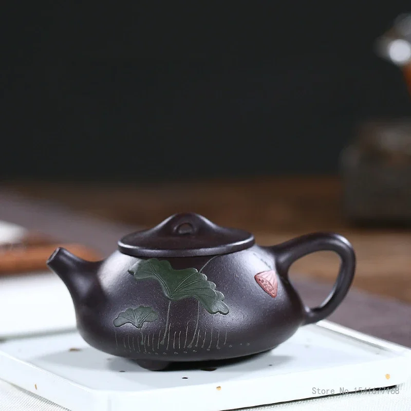 

Креативные чайные кастрюли ручной работы в китайском стиле Kongfu с рисунком листьев лотоса, черный золотой песок Xishi Yixing Purply Clay Shipiao Teapot 240 мл, 1 шт.