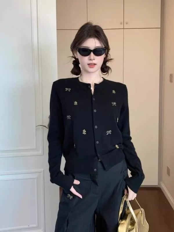 

Retro Bla Bow Knot Knitted Open Cardigan Women's Long Sve Top High-End Design Autumn Winter Straight Tube ape Sweater