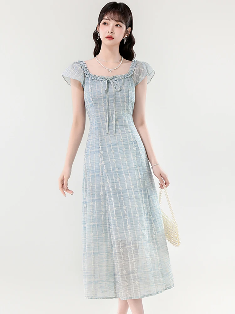 

Summer Blue Embroidery Floral Chic Bow Ruffled Square Collar Dress Women Elegant Holiday Dress 2025 Korean Bodycon Long Dresses