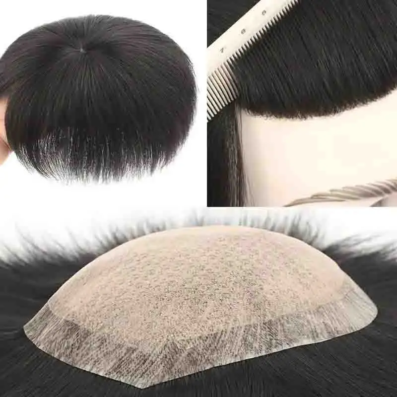 Men's Straight Hair Topper Breathable and Invisible Hair Replacement Human Hair Piece for Thinning Hair Adhesive Clear PU Base