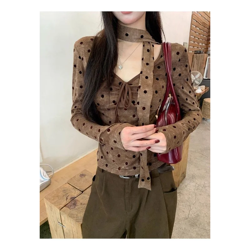 

Hot Girl Pure Lust Style Long-sleeved Bottoming 2025 Autumn and Winter Fashion Streamer Polka Dot T-shirt Slimming Top