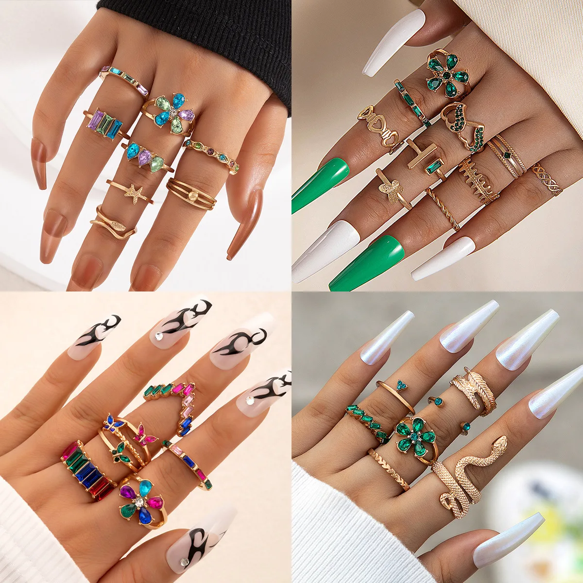 European and American cross-border light luxury OL colored diamond flower gemstone ring, geometric serpentine scallop eight-piece ring set