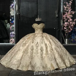 Elegant Princess Champagne Quinceanera Dress 2024 Luxurious Halter Gold Applique Beaded 16 Dress vestido 15 años quinceañera