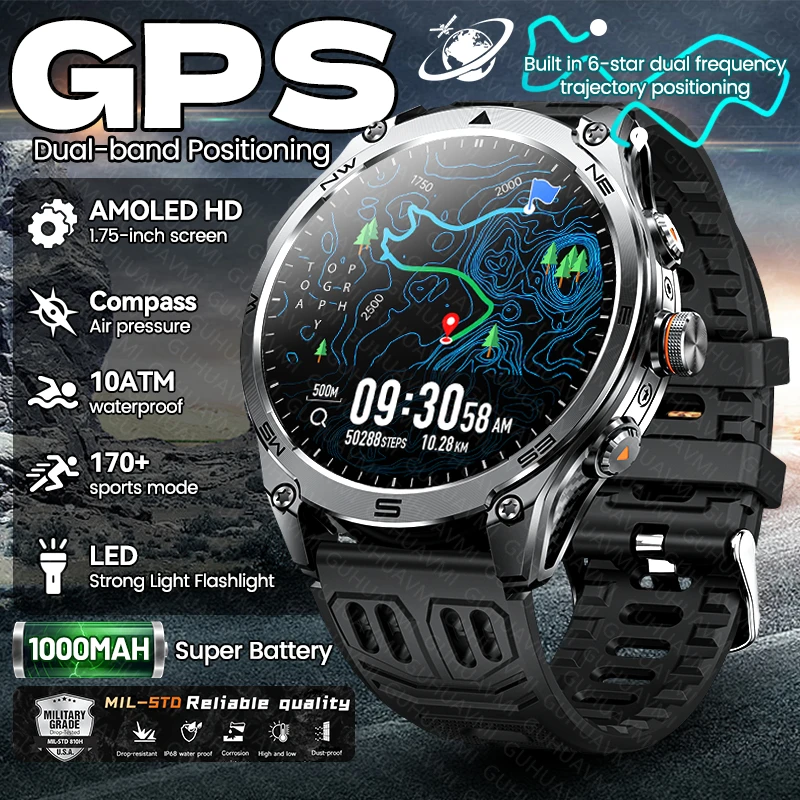 New Military Built in GPS Track Smart Watch Men Outdoor 1000mAh Battery Compass 10ATM Waterproof BT Call Adult Sports Smartwatch