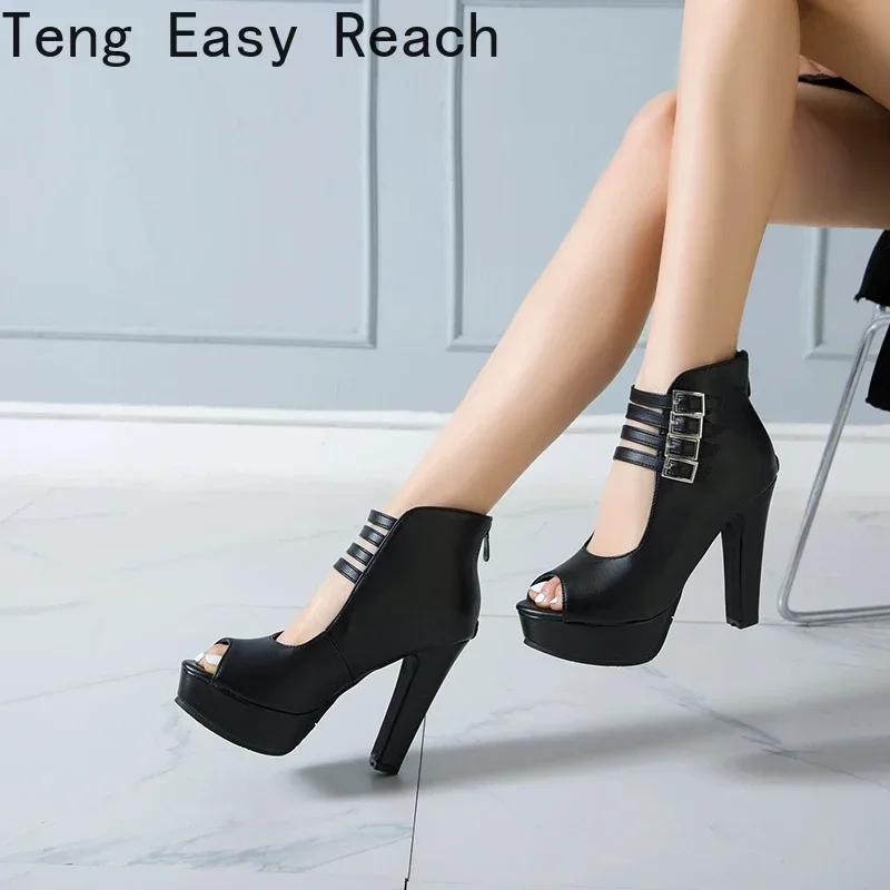 2025 Summer New Womens Ankle Boots Sandals High Quality PU Leather Buckle Strap Zip Stiletto Heels Plus Size 35-46 Shoes