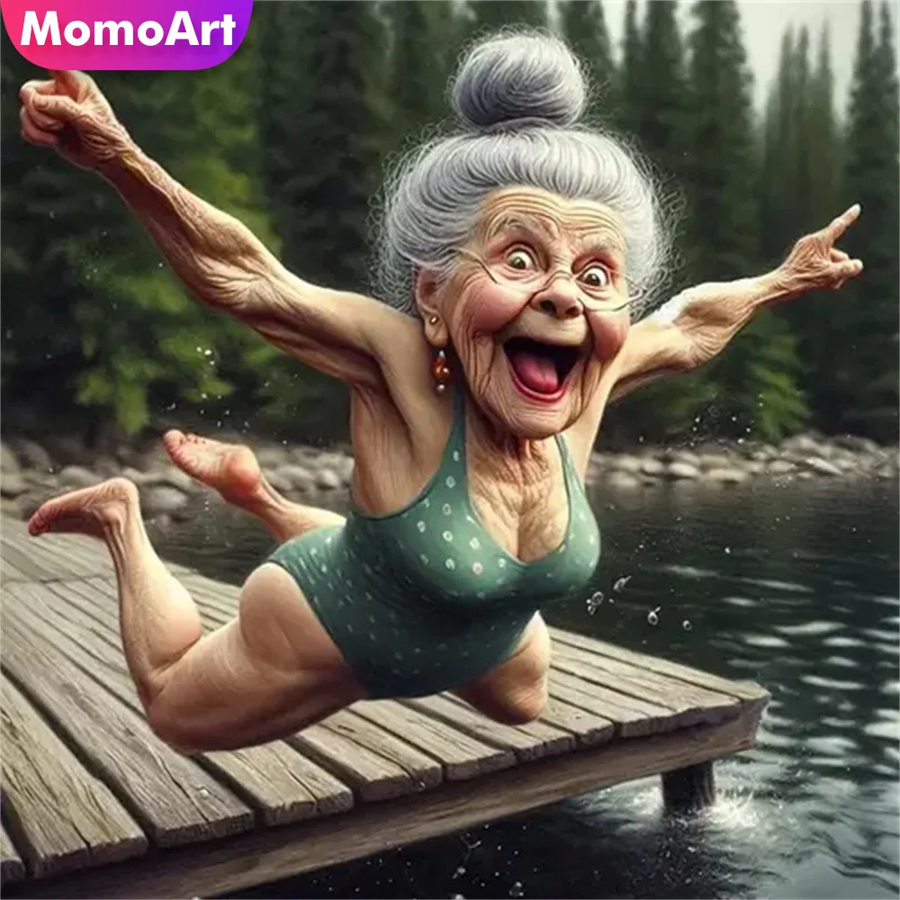Momoart Voller Diamanten Malerei Alte Frau Porträt Voll Platz Runde Stickerei Cartoon Mosaik Dekor Für Zuhause