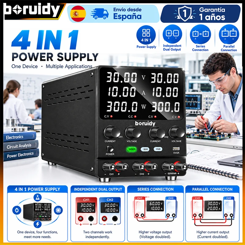 Image of Boruidy Mehrkanal-DC-Stromversorgung, Dual-Independent-Ausgang, Serien- und Parallelfunktion, Einstellbare DC-Tischstromversorgung 30V 60V 120V 240V Bipolare Stromversorgung