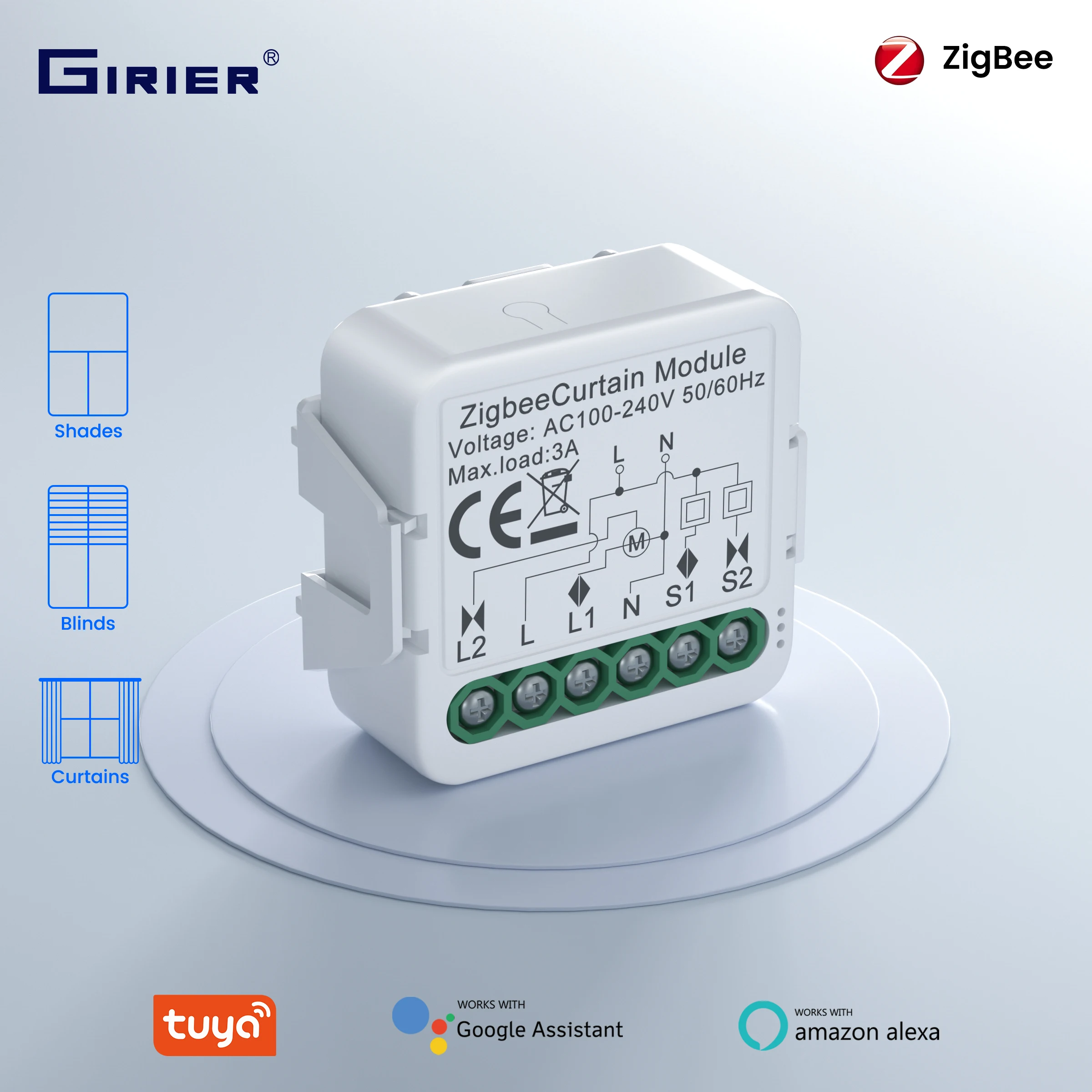 

GIRIER Tuya ZigBee Curtain Switch Module Smart DIY Breaker Relay for Roller Shutter Blind Motor 1/2CH Work with Alexa Hey Google