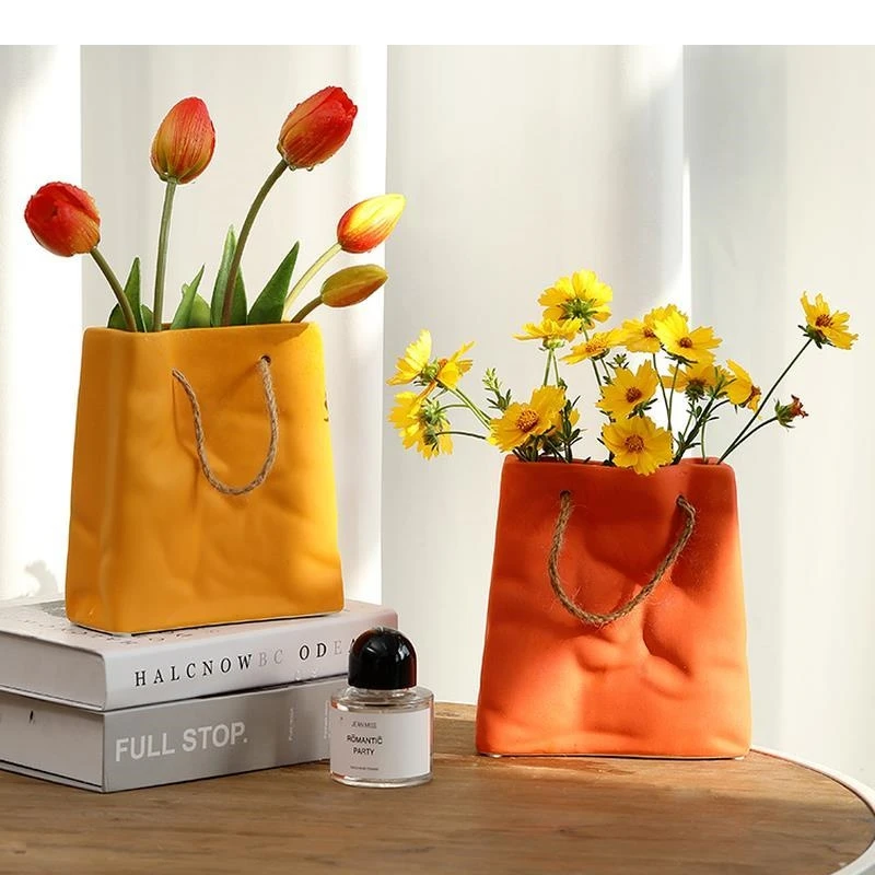 Ceramic Tote Bag Vase Morandi Color Flower Arrangement Container Office Bedroom Porcelain Home Decoration
