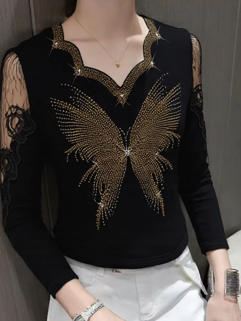 Faionable طويل Sve الدانتيل الحفر السيدات قاعدة irt التخسيس شخصية صغيرة أعلى المرأة T irt تخفيف Sle النسخة الكورية #1