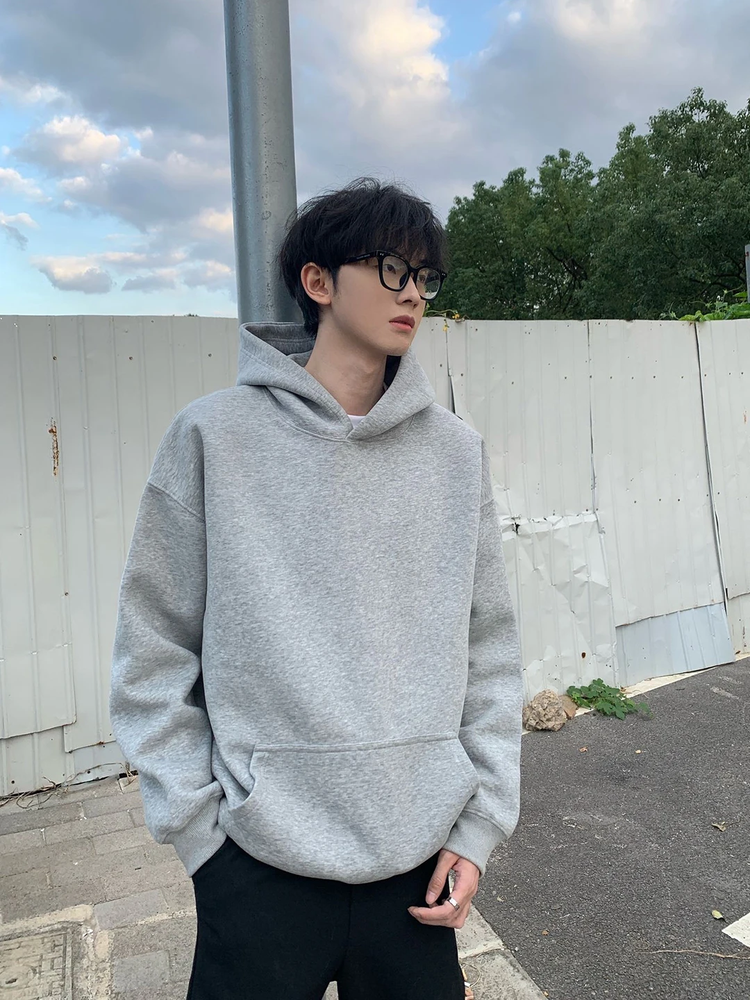 Men's Thickened Hoodie Sweatshirt Cleanfit Jacket Inner Wear Base Layer Shirt Light Grey Heavyweight Hooded American Style