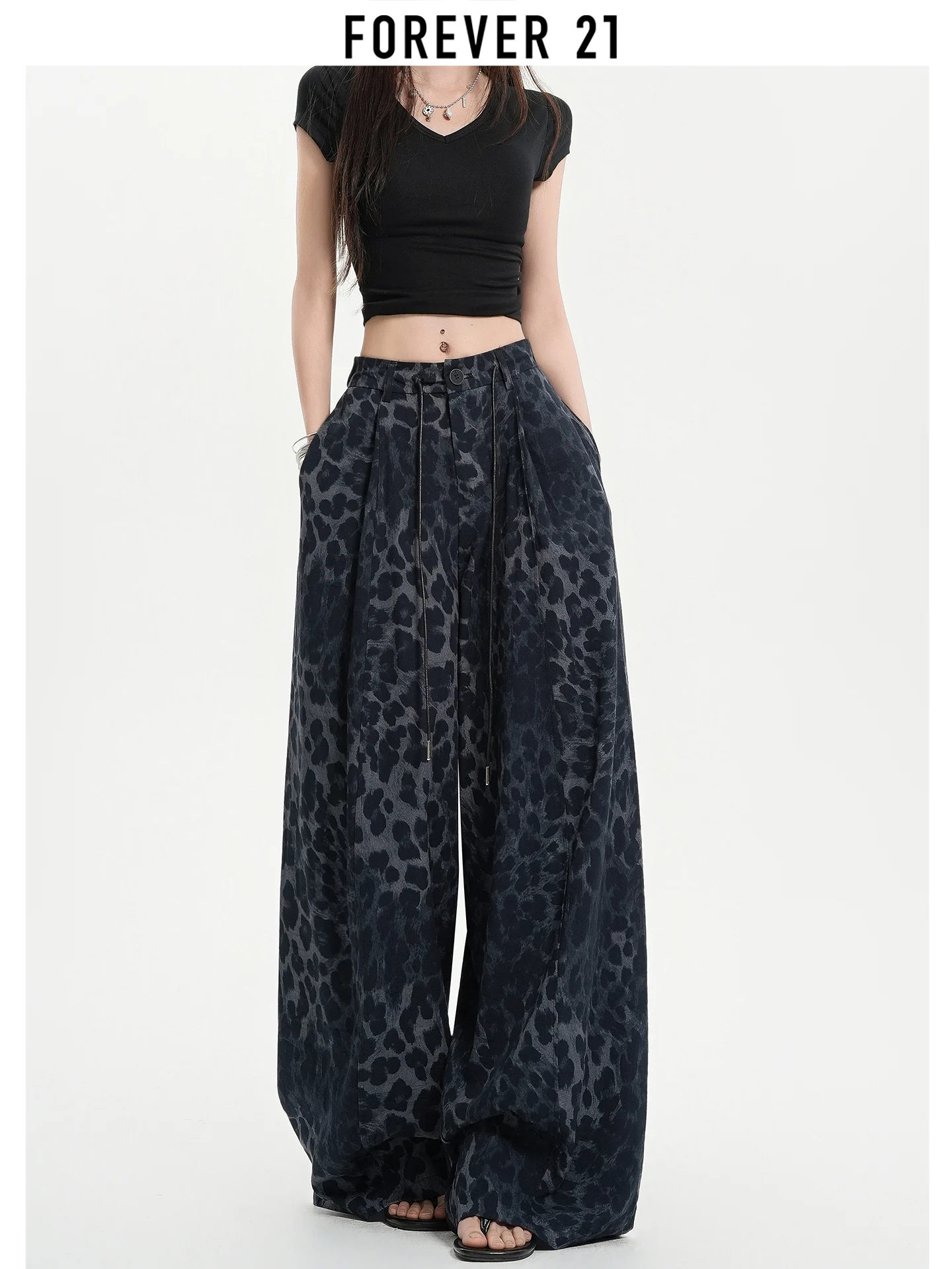 Pantalones Casuales de Verano Forever 21 para Mujer, Estampado de Leopardo Negro, Delgados, Sueltos, Estilizadores, de Pierna Ancha