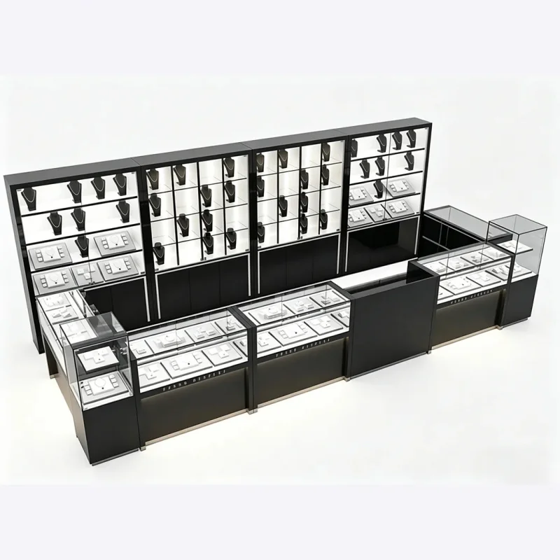 custom.All-in-One Black Jewelry Shop Display Package, Wall Cabinets and Glass Counter Showcase