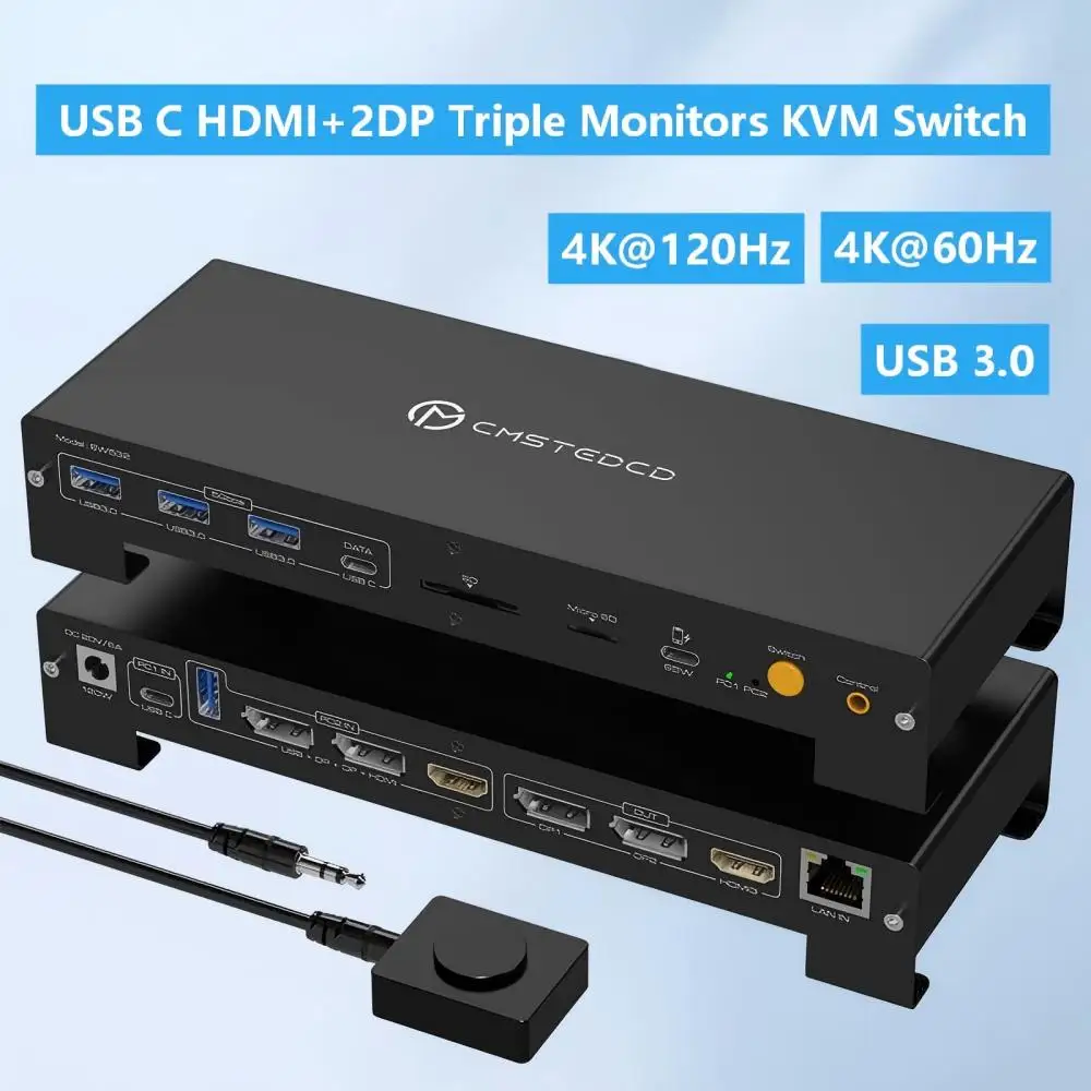 

USB C Docking Station for Laptop & Desktop 100W PD 4K@60Hz 4K@120Hz HDMI Displayport KVM Switch 2/1 Computer 3 Monitors 13-in-1