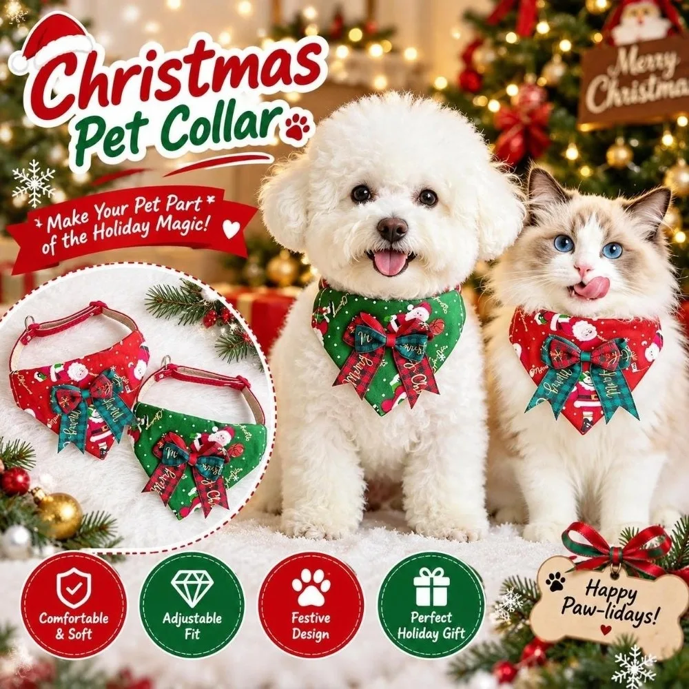 Cotton Fabric Pet Collar Bandana Bow Tie Accent Leash-Attachable Christmas Pet Collar D-Ring Attachment Adjustable Collar