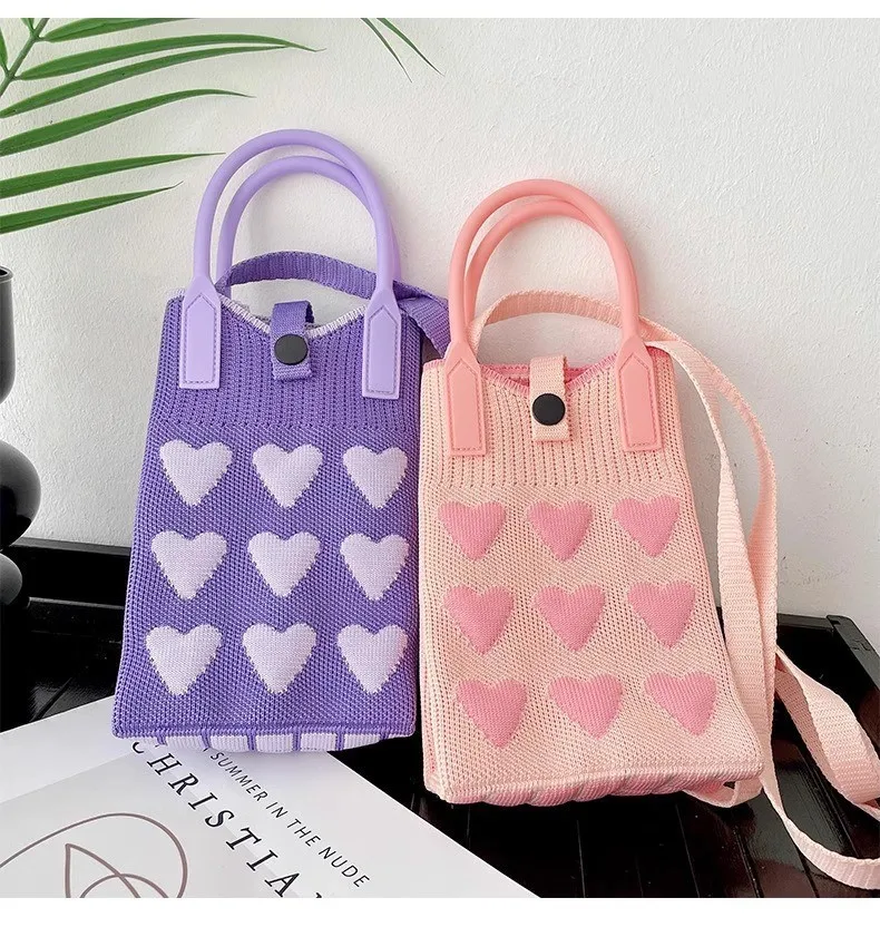 Sweet Heart Jacquard Knitted Phone Bag Removable Strap Crossbody Handbag Portable Mini Cell Phone Purse For Women