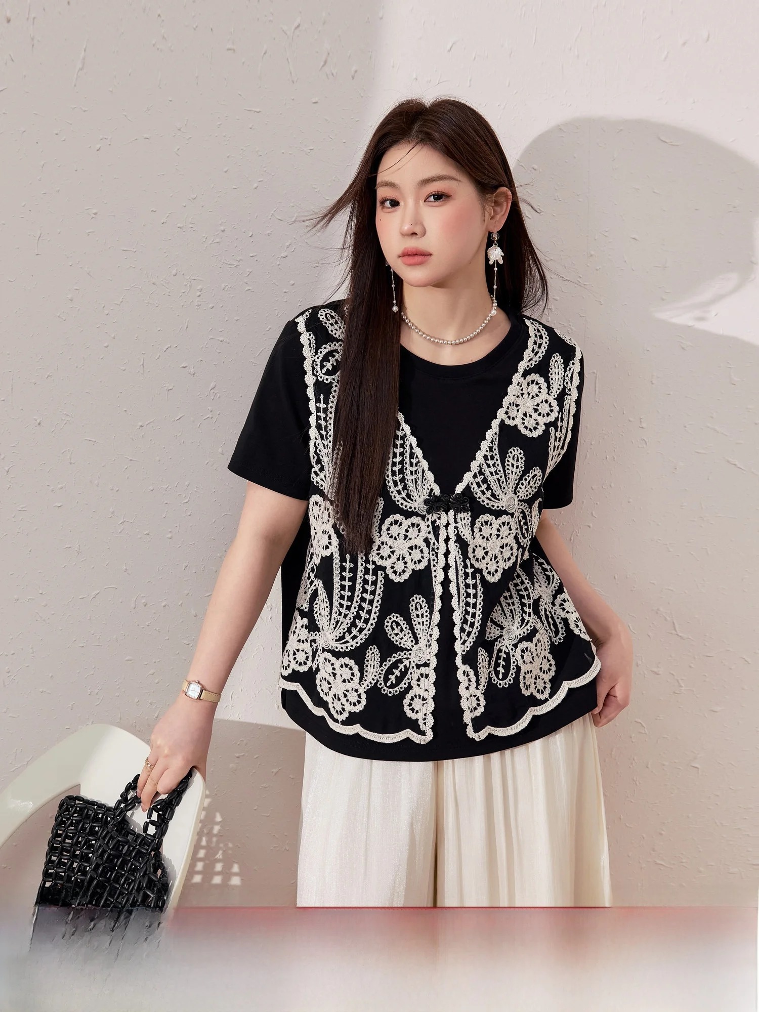 

Blue Language plus Size Women's Retro ort Sve Embroidered T-irt Loose Slimming Bla Top Summer Commute Sle Cotton