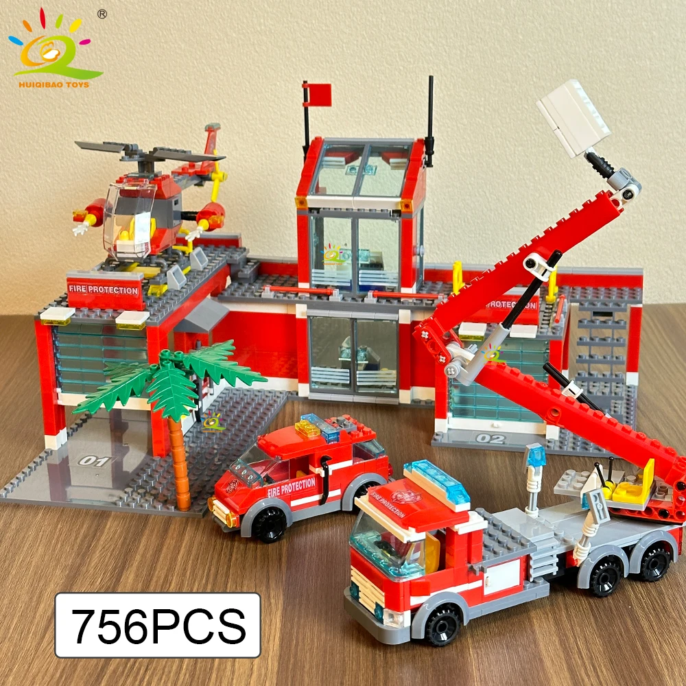 HUIQIBAO 756 pièces Station de pompiers avec modèle d'hélicoptère blocs de construction camion de pompier briques de pompier ville bricolage jouets pour enfants cadeau